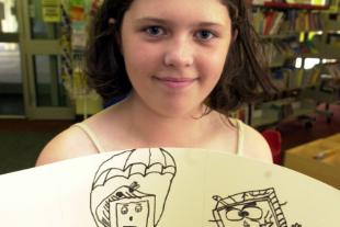 Ten year old Melissa Clark with her original drawing that she created at the Doncaster Central Library, 2002.