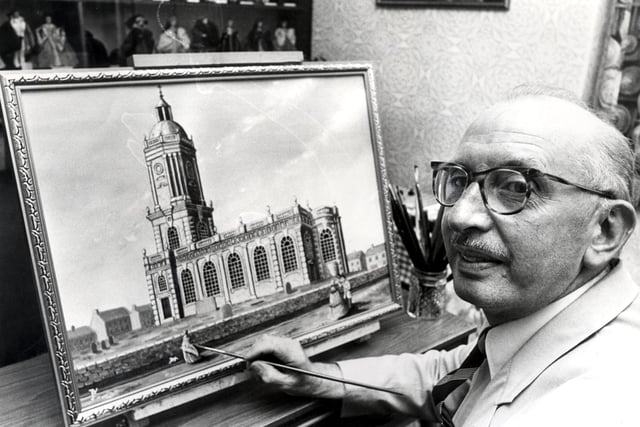 Sheffield Historian J Edward Vickers pictured in 1975 with his painting of St Paul's Church in 1860, now the site of the Peace Gardens.