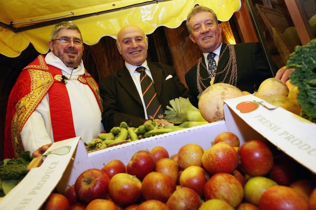 The Ven. Bob Fitzharris, Archdeacon of Doncaster, Ted Ash, from the Doncaster branch of the Market Traders Association and Councillor Tony Sockett at the Doncaster Minster Harvest Festival pictured in 2007