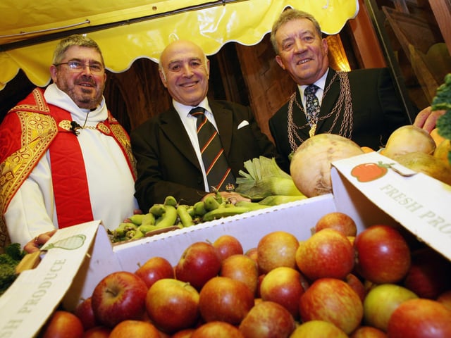 The Ven. Bob Fitzharris, Archdeacon of Doncaster, Ted Ash, from the Doncaster branch of the Market Traders Association and Councillor Tony Sockett at the Doncaster Minster Harvest Festival pictured in 2007
