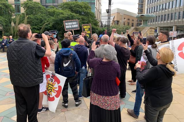 Piers Corbyn arrives at the protest in Sheffield