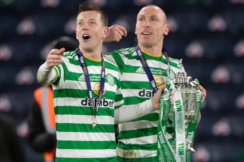Callum McGregor and Scott Brown prepare to lift the Scottish Cup  - the last of the 22 honours the veteran won in his 14 years at Celtic