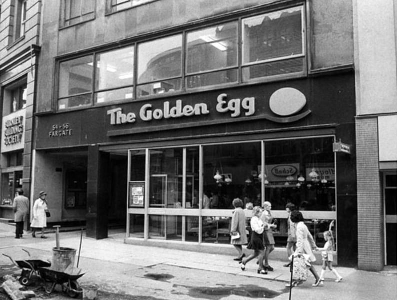 The Golden Egg coffee bar/restaurants were popular during the 1960s and 70s. They served a range of omelettes, fried and scrambled eggs, and other non-egg-based dishes. Desserts included 'Alaskan Delight' - ice cream topped with hot chocolate sauce or maple syrup - and 'Jamaican Longboat' - a split banana served with ice cream, fruit and whipped cream.