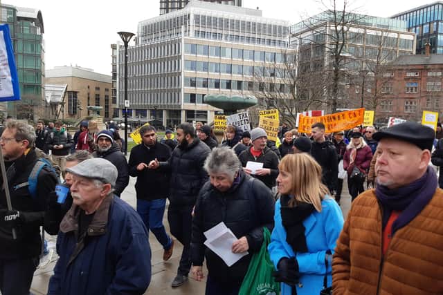Angry protesters marched through Sheffield today after a rally against controversial plans for a Sheffied clean air zone. Picture shows marchers on Pinstone Street