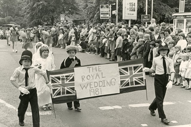 Buxton Advertiser archive, 1981, Buxton carnival celebrates the wedding of Prince Charles and Lady Di, in the background Kennings are selling petrol at £1.54 a gallon