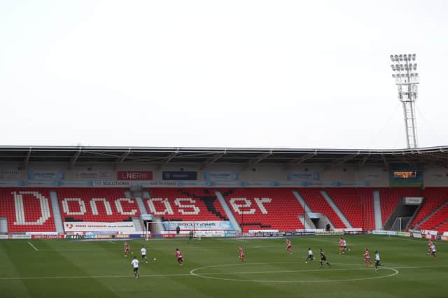 DONCASTER, ENGLAND - MARCH 06: A general view of play during the Sky Bet League One match between Doncaster Rovers and Plymouth Argyle at Keepmoat Stadium on March 06, 2021 in Doncaster, England. (Photo by George Wood/Getty Images)
