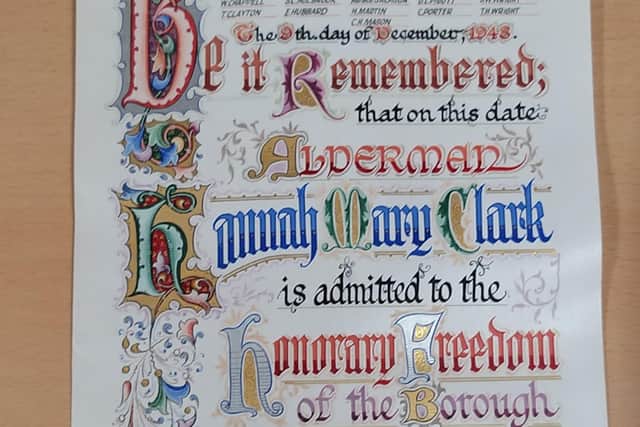 Part of a beautiful borough scroll for Hannah Clark, a suffragist and Doncaster's first female councillor