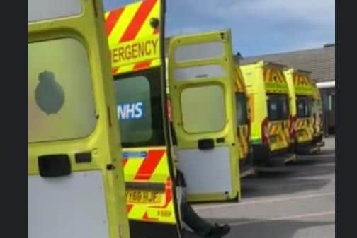 This was the scene at Sheffield’s Northern General Hospital – where around 20 ambulances appeared to queue to drop patients off A&E.