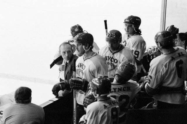 Fife Flyers at Wembley, late 1980s British championship finals weekned - pictured are Jack Dryburgh (coach), Gordon Goodsir, Fred Perlini, Ally wood and netminder Andy Donald