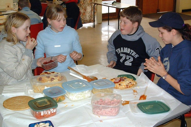 Leanne Hector, Lottie Boggett, Matthew Grey & Brooke Boston prepare their own brand of Westfield Pizza at Shortbrook Community Centre in 2003
