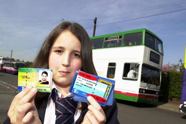 Natalie Kotsysyzn aged 11 from McAuley School showing off her new bus pass in 2004.