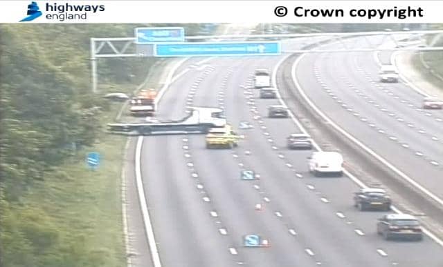 Two lanes on the northbound M1 between Chesterfield and Mansfield are closed this morning after a car left the carriageway earlier