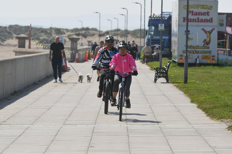 Cyclists on the sea front at Seaton Carew on Bank Holiday Monday