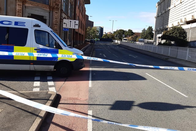 Police investigating the scene of the crash on Moore Street, in Sheffield town centre, which happened in the early hours of the morning