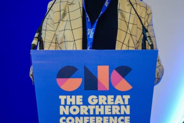 Natalie Doherty, director of quality, curriculum and innovation at The Source Skills Academy, speaks at the Great Northern Conference held at the Cutlers' Hall