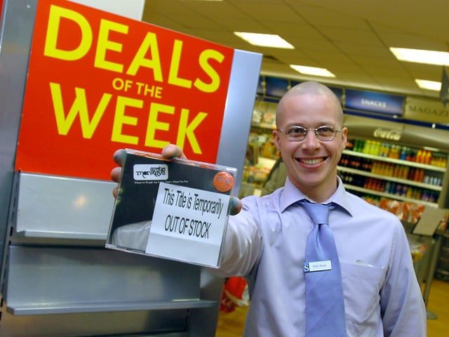 Supervisor Nick Booth at the The Arctic Monkeys stand where the debut album sold out at W.H.Smith, Fargate back in 2006