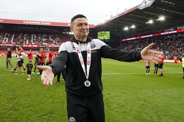 Paul Heckingbottom manager of Sheffield Utd celebrates at the end during the Sky Bet Championship match at Bramall Lane, Sheffield.   Simon Bellis / Sportimage