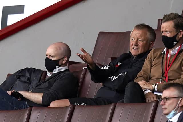 Chris Wilder manager of Sheffield Utd (C) watches the match from the stands: Andrew Yates/Sportimage