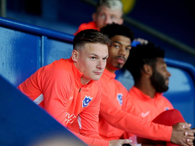 Pompey new-boy Cameron Pring watches on from the stands during the first half of Tuesday night's game. Picture: Sarah Standing (010920-6370)