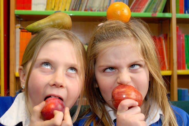 Pupils Dani Welch left and Laura Dale of the  Park Junior school Shirebrook taking part in the Healthy Lifestyles Project back in 2008 whihc encouraged eating more fruit at lunch time.