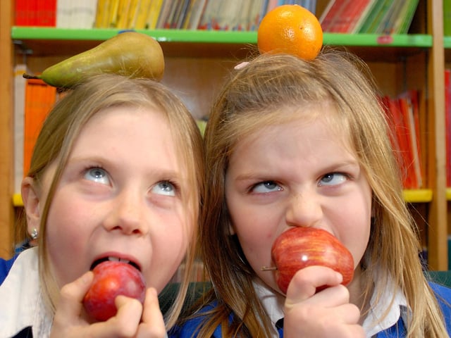 Pupils Dani Welch left and Laura Dale of the Park Junior school Shirebrook taking part in the Healthy Lifestyles Project back in 2008 whihc encouraged eating more fruit at lunch time.