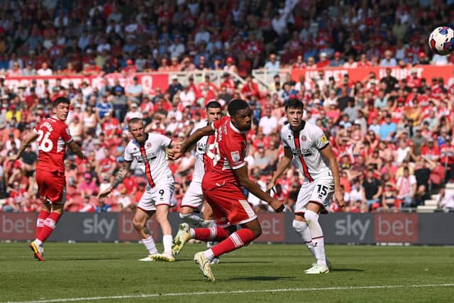 Middlesbrough player Chuba Akpom (c) heads in the second Boro goal against Sheffield United (Stu Forster/Getty Images)