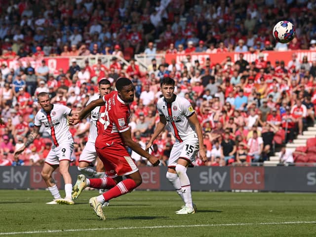 Middlesbrough player Chuba Akpom (c) heads in the second Boro goal against Sheffield United (Stu Forster/Getty Images)