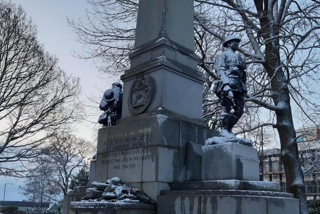 Snow on the York and Lancaster regiment memorial in Weston Park