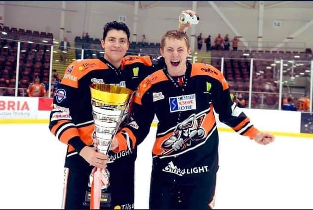 Alex Graham, right, with Cole Shudra after Steelers had won the Challenge Cup
