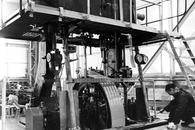 An old duplex centre - beam steam engine in the final stages of renovation at British Shipbuilders' training school at Hebburn in 1981.