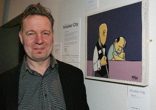 Sheffield artist Pete McKee at his exhibition Sheffield Snooker City. He created a series of paintings to celebrate the 2009 World Snooker Championships, held at the Crucible Theatre