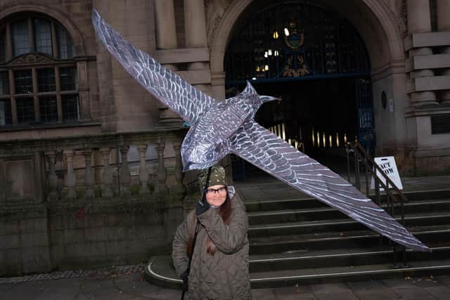 Sheffield Swift Network campaigner Chet Cunago with Hannah the swift at a rally outside Sheffield Town Hall. The group presented a petition to the council, calling for swift bricks, which have nesting holes in them, to be mandatory on all new-build city homes