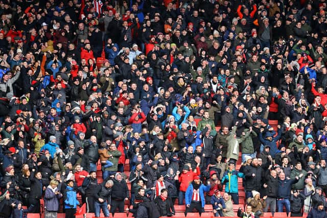 Sheffield United fans celebrate the second goal during the Premier League match between Sheffield United and AFC Bournemouth (Photo by Richard Heathcote/Getty Images)
