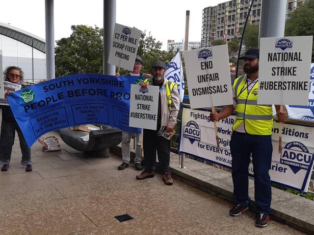 Members of the ADCU union protest against Uber at their Concourse Way base in Sheffield  during the 24 hour strike
