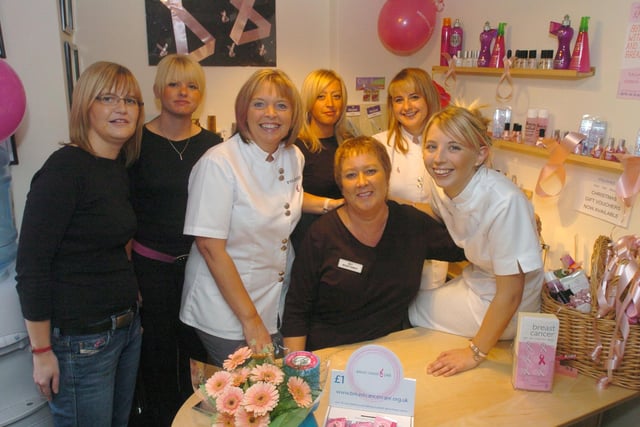 Pictured at Polished Beauty Salon, in 2004, where  the girls are raising cash for Breast Cancer Research. Three of the girls are to take part in a sponsored parachute jump. LtoR are,  Lynne Walker,  Nicola Davy,  Lynn Blundell,  Kerry Hudson, Beverley Saunders,  Tracey Wray, and Jodie Thomson.