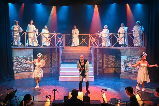 Mark Stenton, as Judas, gives a brilliant rendition of the song Superstar, with dancers Juliette Bell and Leonie Airlie, and members of the ensemble in the Alnwick Stage Musical Society production of Jesus Christ Superstar.