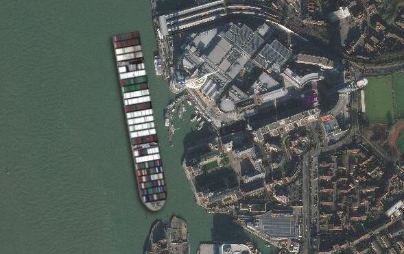 Here's an example of what the ship would look like if it decided to pull up right next to the Spinnaker Tower