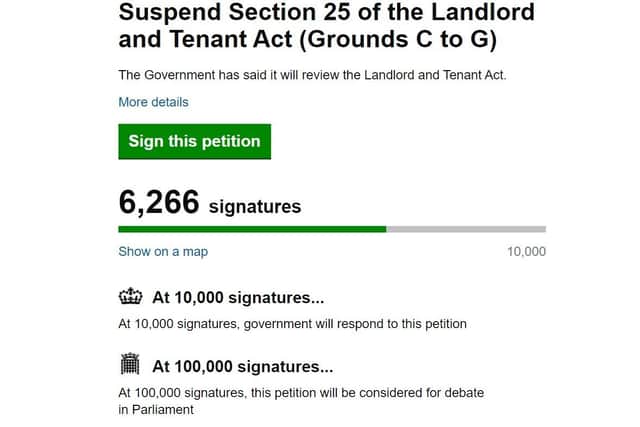 The petition is asking the Government to suspend section 25 of the Landlord and Tenants Act 1954, which broadly is what governs how landlords can serve notice on tenants to leave by a certain date.