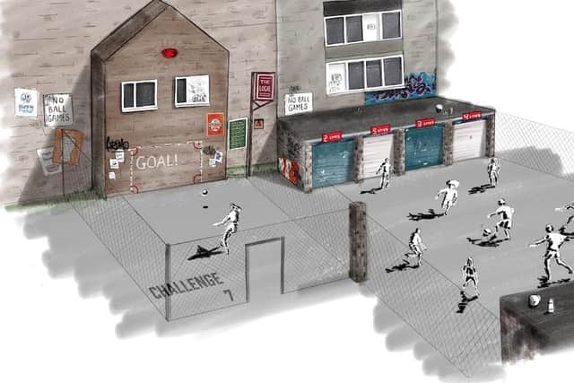 How the Yard Ball attraction could look with mocked up urban environments including garages and maisonettes