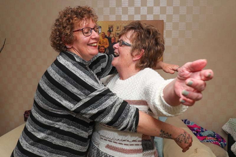 Lisa Wadey hugs her mum Angela for the first time since lockdown restrictions were relaxed. Picture: Stuart Martin (220421-7042)