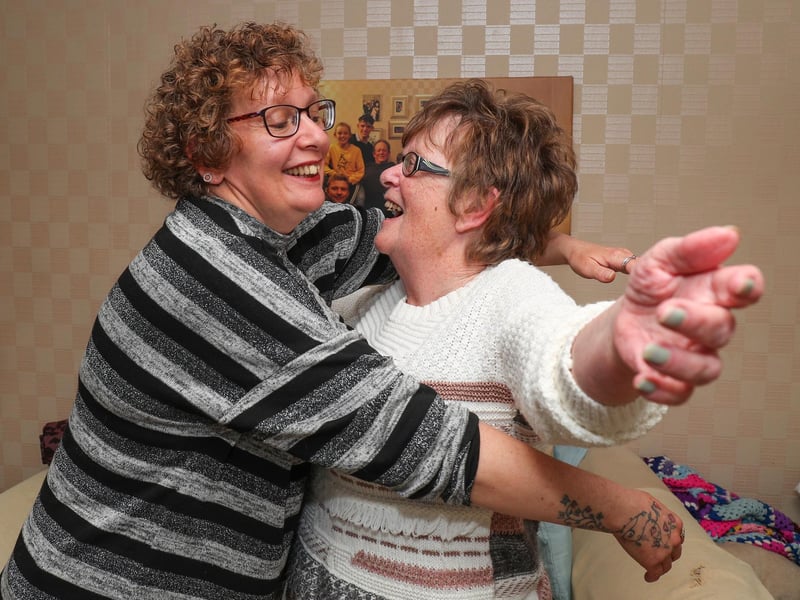 Lisa Wadey hugs her mum Angela for the first time since lockdown restrictions were relaxed. Picture: Stuart Martin (220421-7042)