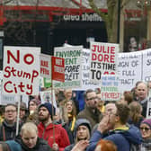 Tree protesters march through Sheffield city centre in April 2018. A new documentary on the fight to save thousands of city street trees, called The Felling, premieres at Sheffield City Hall on March 20