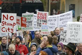 Tree protesters march through Sheffield city centre in April 2018. A new documentary on the fight to save thousands of city street trees, called The Felling, premieres at Sheffield City Hall on March 20