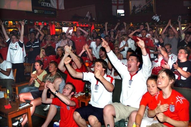 England fans watching the game between England and France in the Old Monk Pub, Norfolk  Street, Sheffield, June 2004