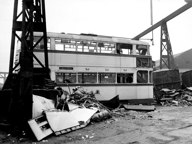 Trams for scrap - our picture shows trams being broken up in the scrapyard of T.W Ward Limited's Tinsley works