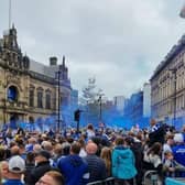 Thousands of Wednesday fans gathered in the city centre to celebrate the club's promotion to the Championship. Photo kindly submitted by Nelly Busfield