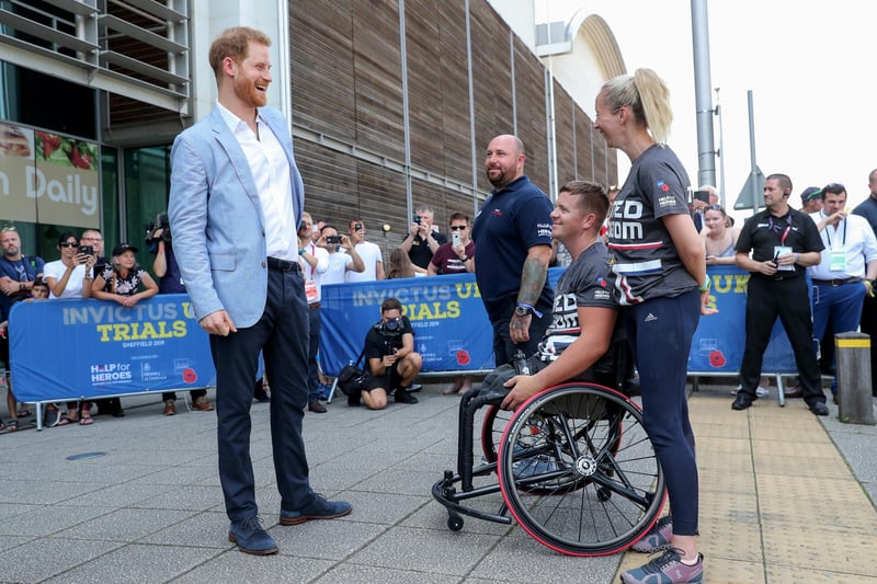 Prince Harry, Duke of Sussex meets players during his visit to the Invictus UK Trials at the English Institute of Sport, Sheffield