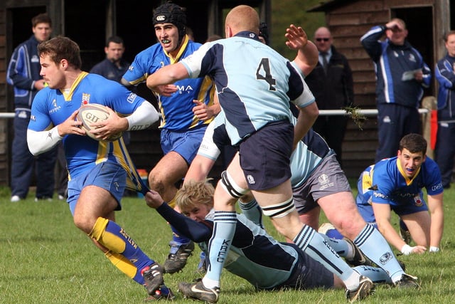 A Matlock RFC player finds space and drives for the try line in their league match against Kettering at Cromford Meadows.