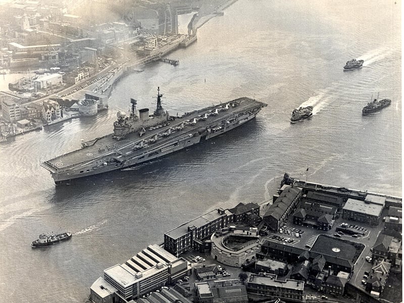 HMS Eagle enters Portsmouth Harbour in June 1970.
