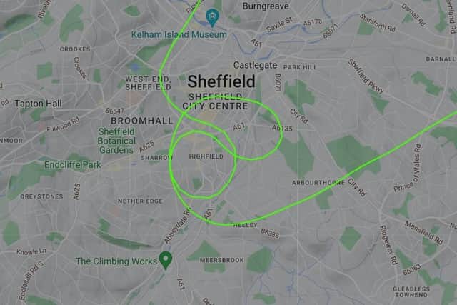 This image from Flightradar 24 shows the route taken by a plane over Sheffield on Valentine's Day. Some people suggested the pilot was trying to draw a heart but others were not convinced. Photo: Flightradar 24